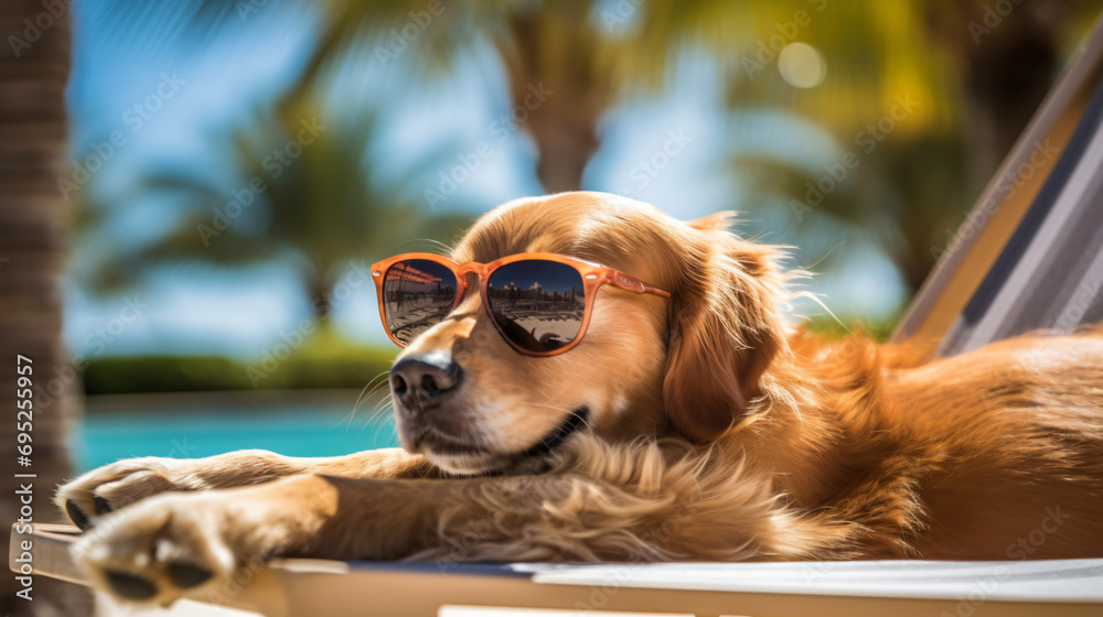 Dog in sunglasses sunbathing lying on a sun lounger