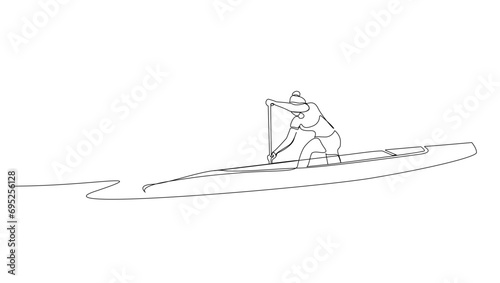 Young woman female athlete kayak canoe boat extreme water sport lifestyle one line art design