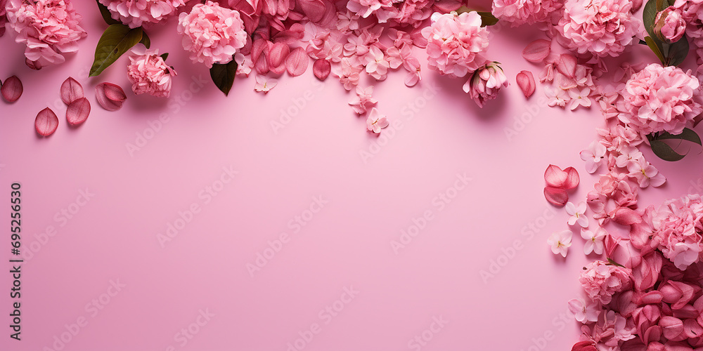 flat lay, peony flowers on a pink background. border of pink flowers with space for text flat lay, peony flowers on a pink background. border of pink flowers with space for text