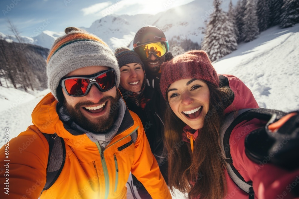 A group of people capturing a moment together by taking a selfie in the snow. Perfect for winter activities and social media posts A group of people capturing a moment together by taking a selfie in the snow. Perfect for winter activities and social media posts