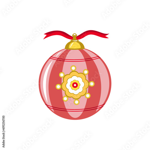 Christmas tree toy in folk style. Isolated glass ball on red ribbon. Colorful decorative design element. Christmas trinkets and decorations. Cartoon vector illustration, icon.
