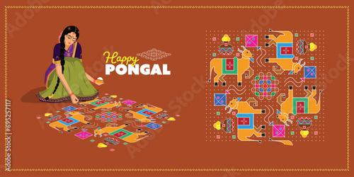 Happy pongal. Vector illustration of a south indian woman making kolam infront of house.