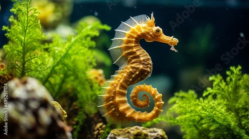 Profile of Mediterranean Seahorse in Saltwater aquarium tank - Hippocampus guttulatus. © Nazia