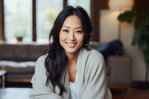 Smiling young Asian woman at home