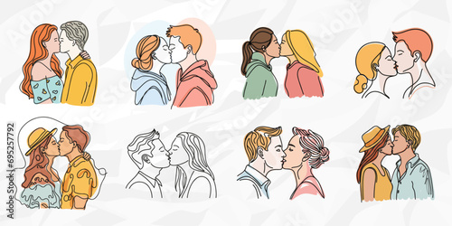 Lineart-Illustrationen von küssenden heterosexuellen Paaren