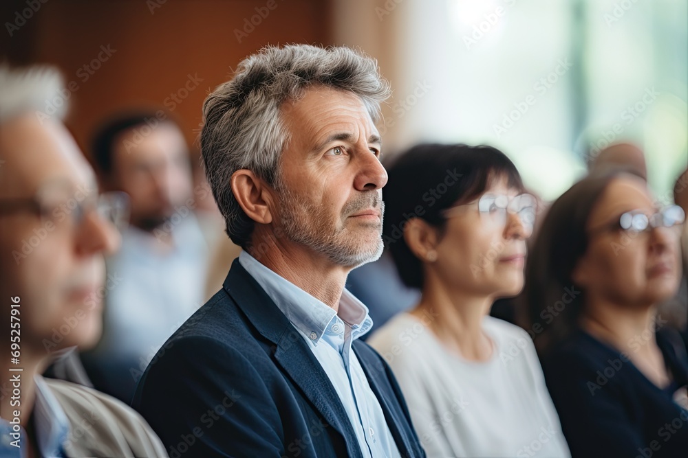 Corporate meeting and presentation: A group of professionals, including businessmen and businesswomen, sit and listen intently in a conference or seminar setting. Corporate meeting and presentation: A group of professionals, including businessmen and businesswomen, sit and listen intently in a conference or seminar setting.