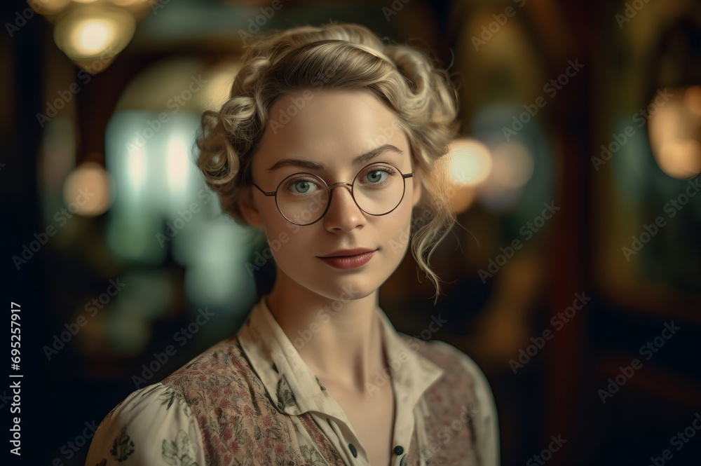 Blond haired curly woman with eyeglasses. Female attractive elegant lady with eyewear. Generate ai Blond haired curly woman with eyeglasses. Female attractive elegant lady with eyewear. Generate ai
