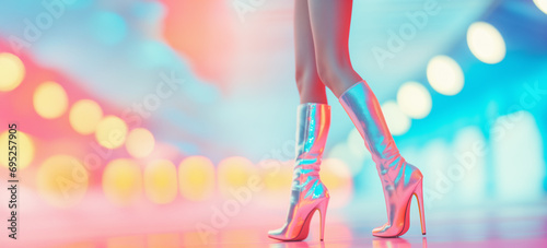 Female model with sleek and sexy slender legs wearing high heeled shoes against a vibrant high contrast hypercolor in-studio neon lights backdrop.   photo