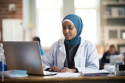 Young woman in hijab working on a laptop in a hospital or clinic, showing professionalism and dedication to healthcare.