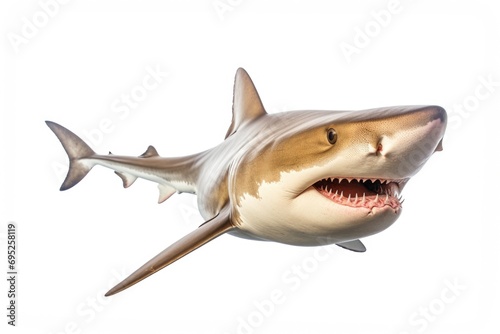 A close-up view of a shark with its mouth wide open. This image captures the fierce and powerful nature of these creatures. Perfect for educational materials or articles about marine life