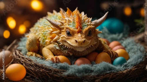 A small  little  cute baby dragon sleeping comfortable inside egg shell