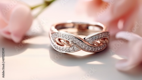 Beautiful platinum rings with a rose gold accent is shown up close, positioned on a white surface with gentle sunlight softly highlighting the rings details in the background.