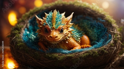 A small, little ,cute baby dragon sleeping comfortable inside egg shell © Sanita