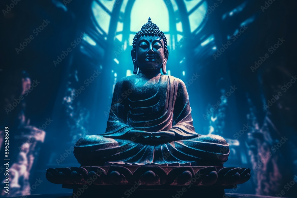 Buddha meditation statue blue neon illumination. Meditative Zen holy deity sculpture. Generate ai - obrazy, fototapety, plakaty 