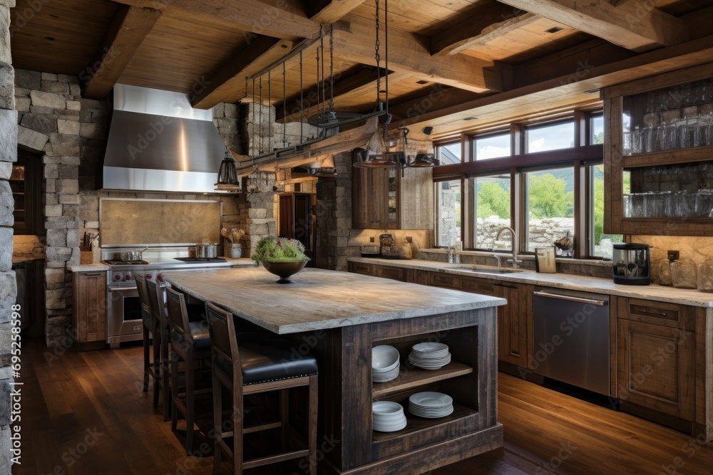 Spacious rustic kitchen with stone walls and high vaulted ceiling made from reclaimed wood