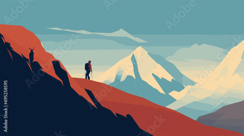 vector poster with the quote Never Give Up in bold and minimalist typography, paired with an image of a persistent mountain climber
