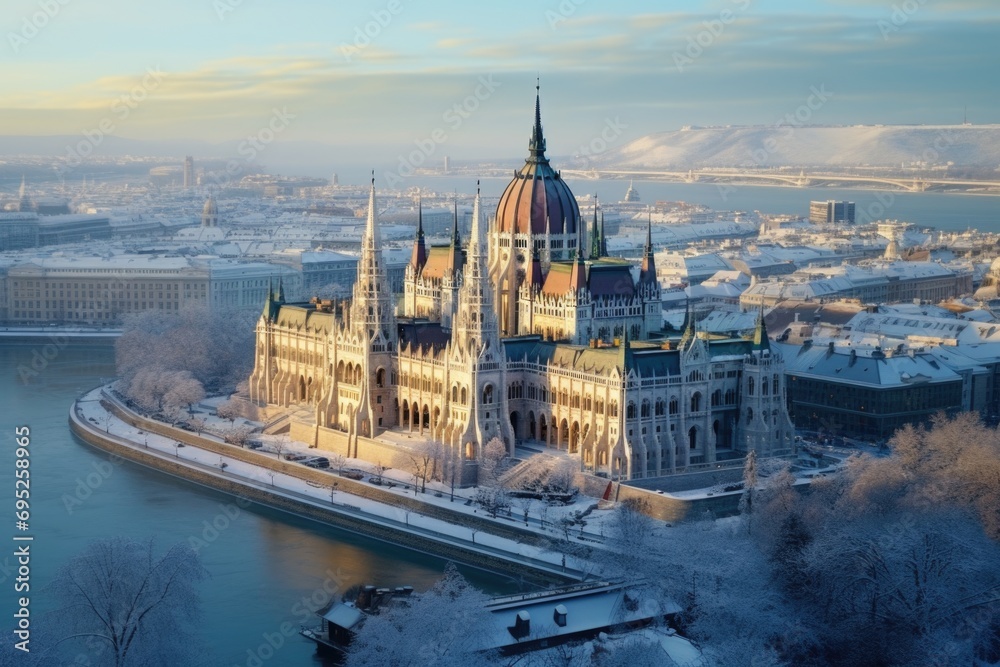 Fototapeta premium A large building sitting on top of a snow covered hillside. Suitable for winter-themed designs and architecture concepts