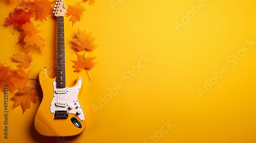 Electric guitar neck with autumn maple leaves photo
