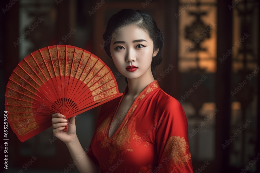 Εκτύπωση καμβά Chinese girl wearing red kimono and fan