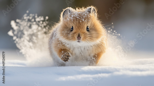 cute hamster running through fluffy winter snow, cold season, rodent in the wild nature