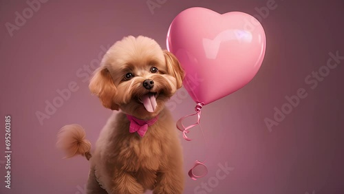 Smiling puppy holding a pink heart-shaped balloon. Created with generative AI.	
 photo