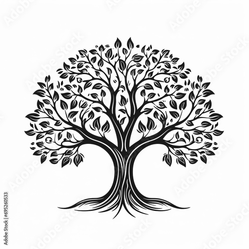 Monochrome Tree and Roots Icon - Black Silhouette on White