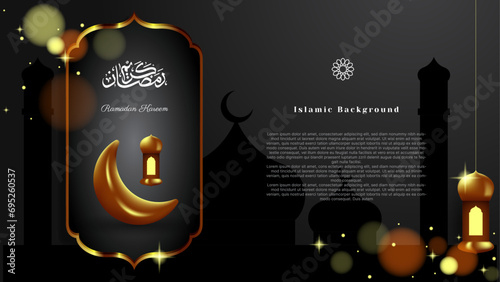 gold and black islamic background with crescent and lantern. ramadan kareem banner vector design with arabic calligraphy.