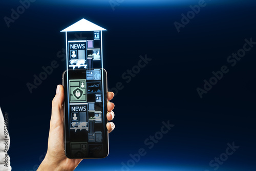 Close up of female hand holding cellphone with abstract arrow with news timeline on blue background with mock up place. Technology, innovation and news channel concept.