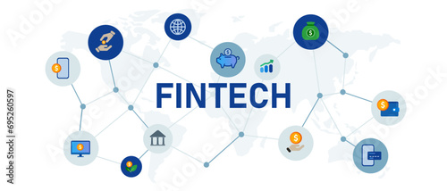 Fintech financial technology online transaction concept banner header connected icon set symbol illustration