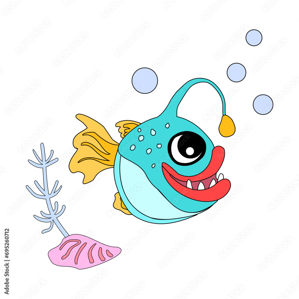 Angler fish with shells, bubbles and algae in the ocean. For posters, prints on clothes. Angler fish with shells, bubbles and algae in the ocean. For posters, prints on clothes.