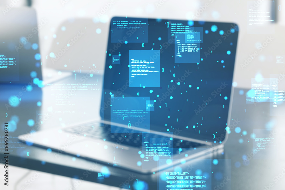 Close up of laptop with creative binary coding hologram on blurry background. Software programming code. Close up of laptop with creative binary coding hologram on blurry background. Software programming code.