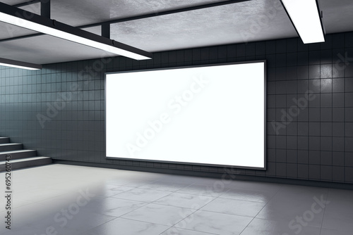 Photography Modern underground passage with empty mock up poster, ceiling lamps and stairs
