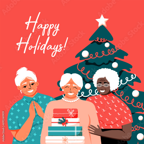 Happy New Year! Old women with gift boxes and Christmas tree. Elderly ladies. Greeting card. Vector illustration	
