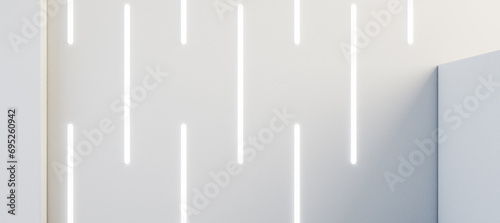 Simple white concrete interior with podium and linear lamps on wall. 3D Rendering.