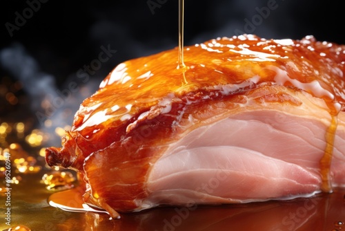 A piece of ham being drizzled with syrup. Perfect for food enthusiasts and recipe blogs photo