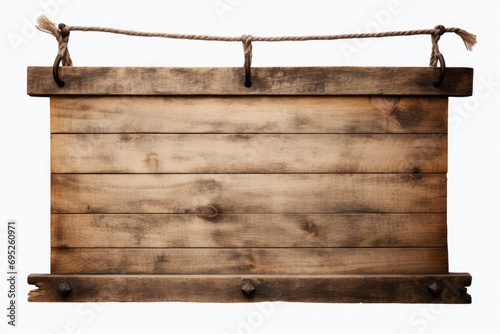 A wooden sign hanging from a rope on a wall. Suitable for various decorative and informational purposes photo