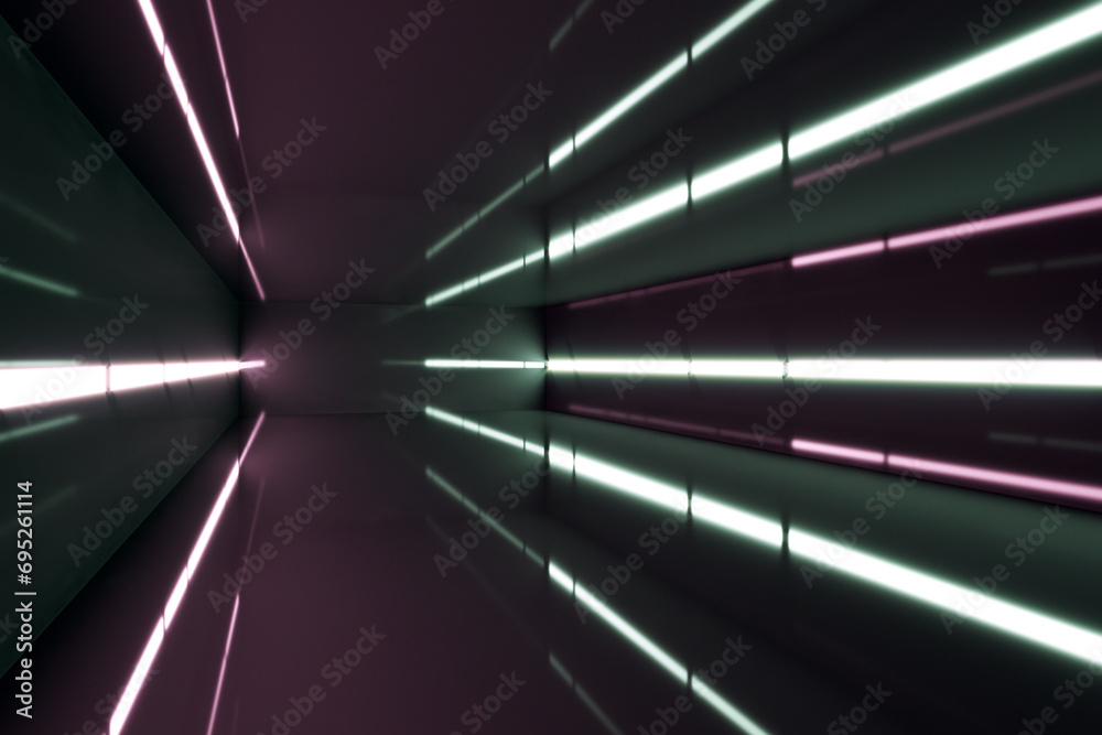 Creative dark futuristic room with lights. Tunnel concept. 3D Rendering.