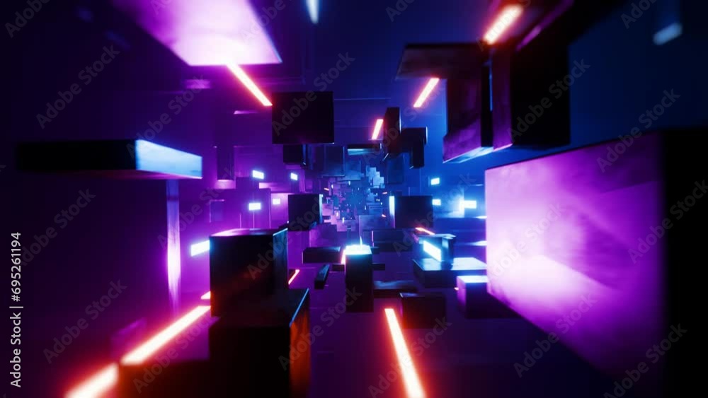 flying through an abstract futuristic tunnel animation backgroud, blue and violet lights, seamless VJ loop