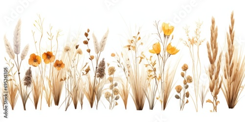 A row of dried flowers and grasses on a white background. Perfect for adding a natural touch to any project