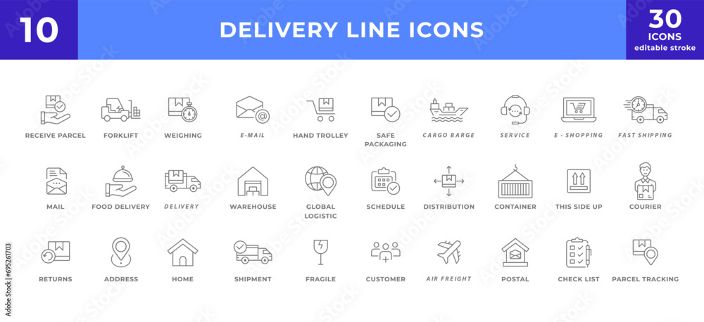 Delivery, shipping, logistics line icon set collection. modern simple web sign, symbol icon.