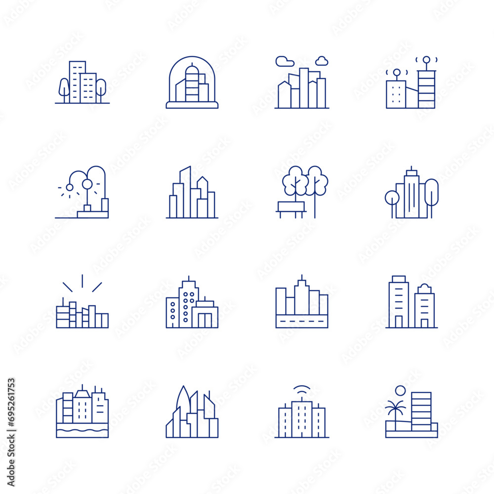 City line icon set on transparent background with editable stroke. Containing building, architecture and city, city, smart city, cityscape, green city, park, skyscraper.