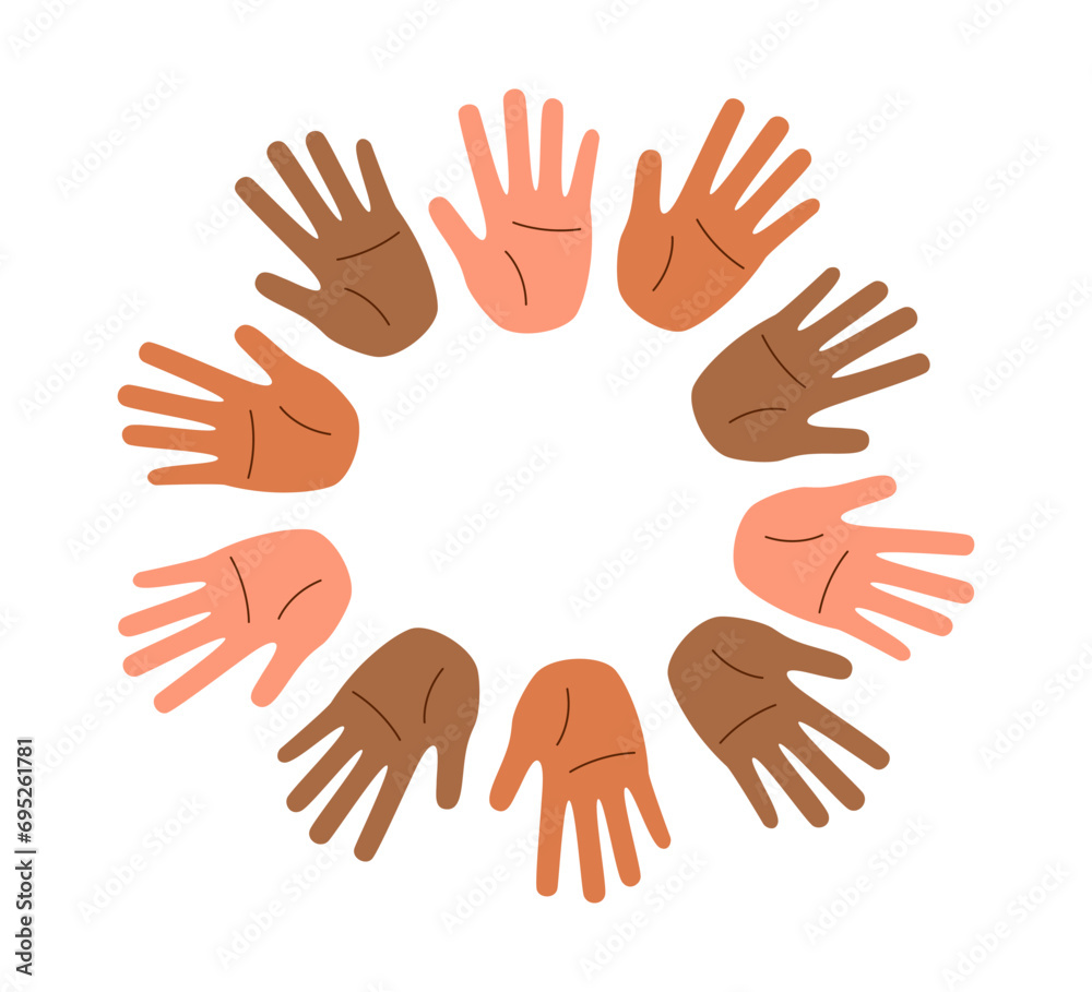 A circle of palms of different skin tones. Concept of racial diversity.	 Concept of multiracial friendship.