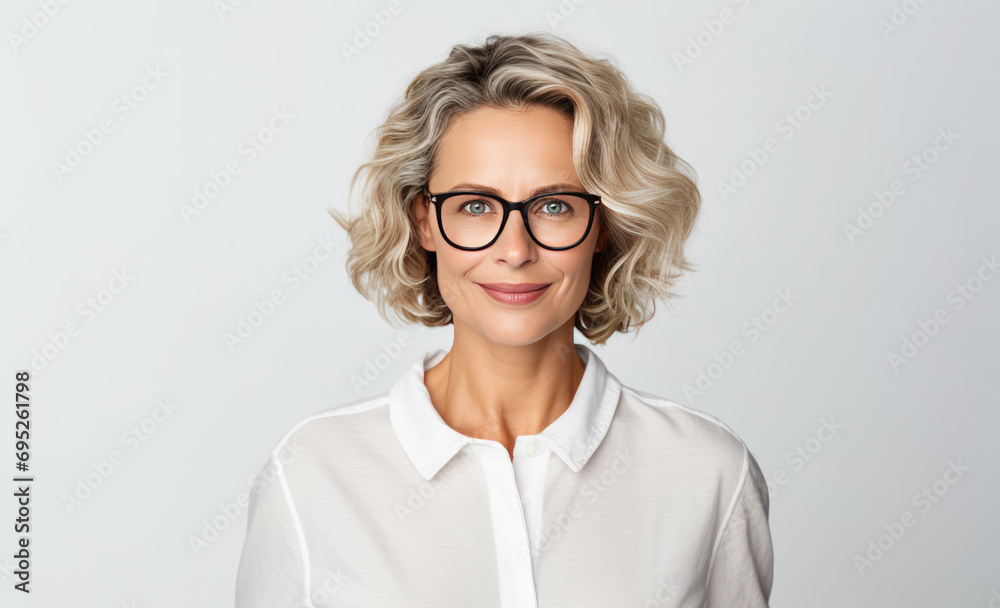 Pleasant-looking blonde woman in her 30s or 40s smiling, wearing eyeglasses and white shirt, professional photo studio portrait, white background.