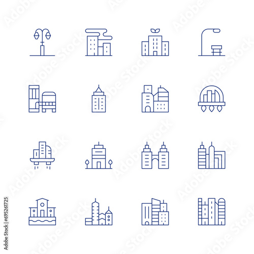 City line icon set on transparent background with editable stroke. Containing lamppost, architecture and city, city, green city, skyscrapper, buildings, office, skyscraper.