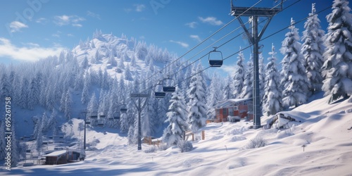 A ski lift ascending a snow-covered mountain. Perfect for winter sports and outdoor adventure themes