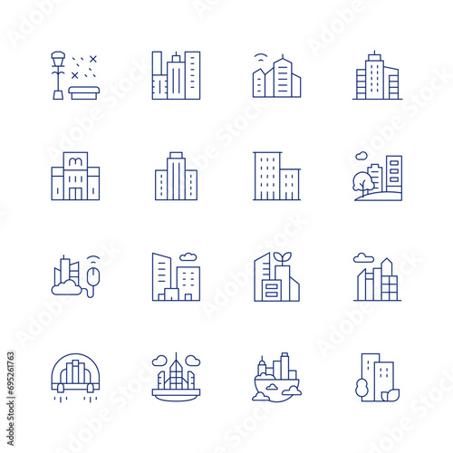 City line icon set on transparent background with editable stroke. Containing bench, architecture and city, city, smart city, skyscraper, apartments, financial, floating island, buildings, skyline.
