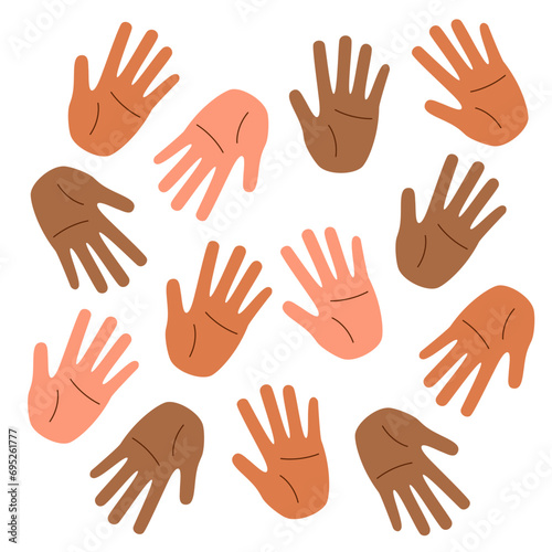 Set of palms with different skin tones. Concept of racial diversity. Concept of multiracial friendship. 