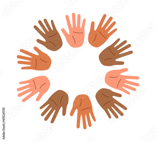 A circle of palms of different skin tones. Concept of racial diversity. Concept of multiracial friendship.