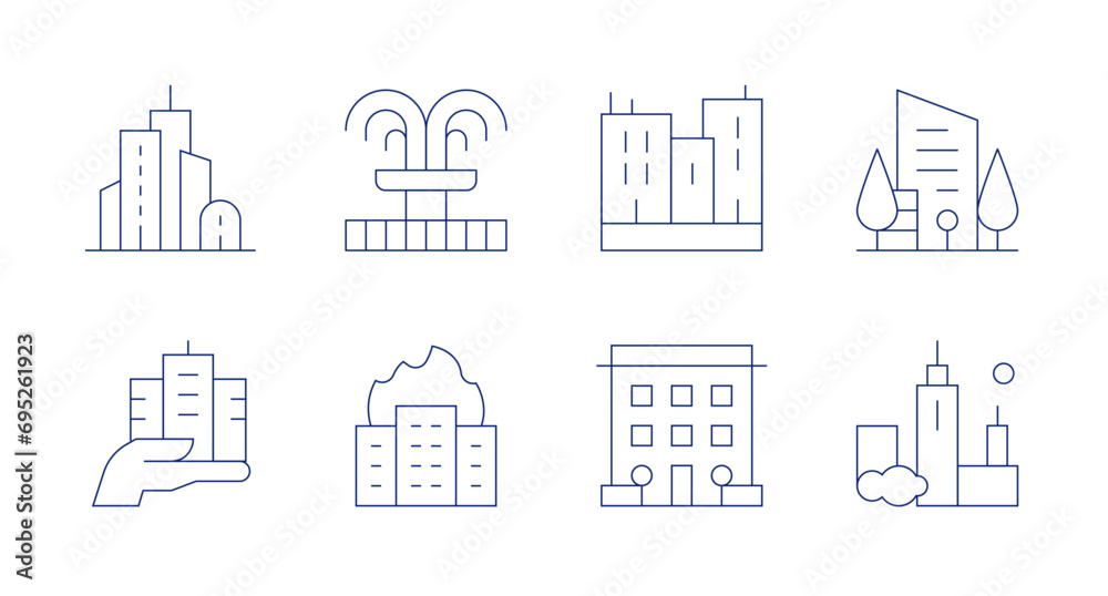City icons. Editable stroke. Containing building, fountain, city, architecture and city, buildings.
