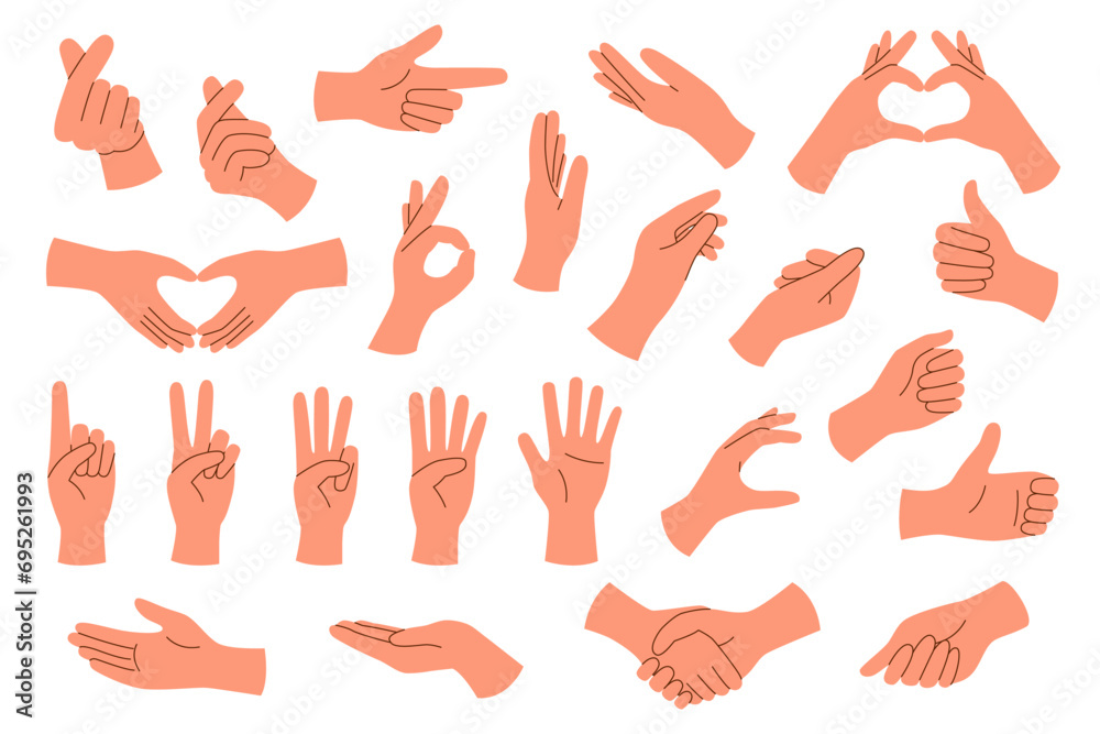Set of hands with different gestures isolated on white background.	
